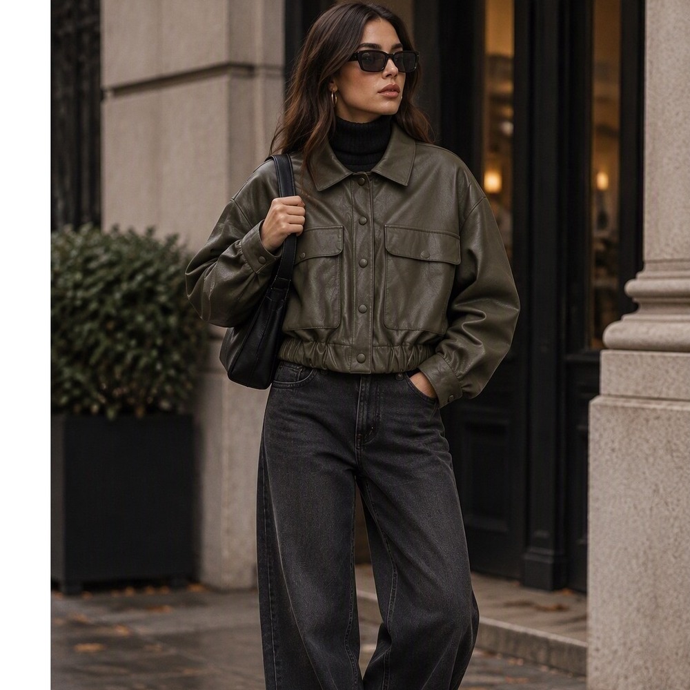 Sofia Faux Leather Cropped Utility Bomber Jacket Olive Green Made in Italy OS